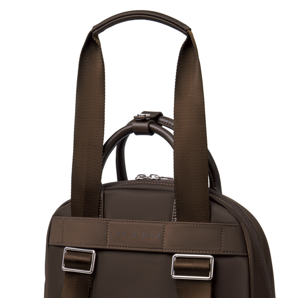 Origami Slim Espresso Backpack rear view showing back panel, straps, and top handle hardware detail