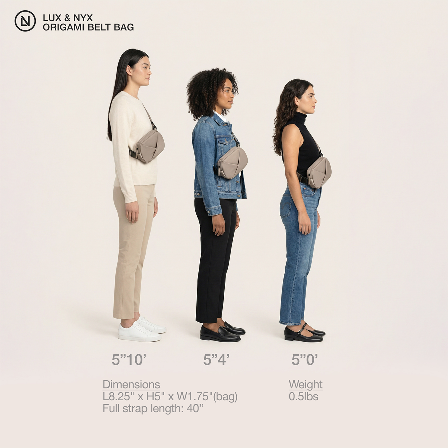 Three women wearing a Lux & Nyx Origami Belt Bag in different height.