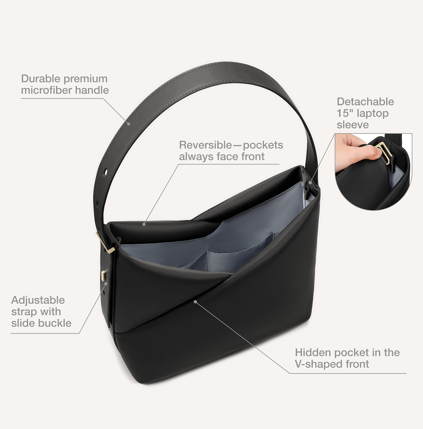 A Origami Hobo Bag  with an adjustable strap, hidden front pocket, reversible pockets, and a detachable 15-inch laptop sleeve.