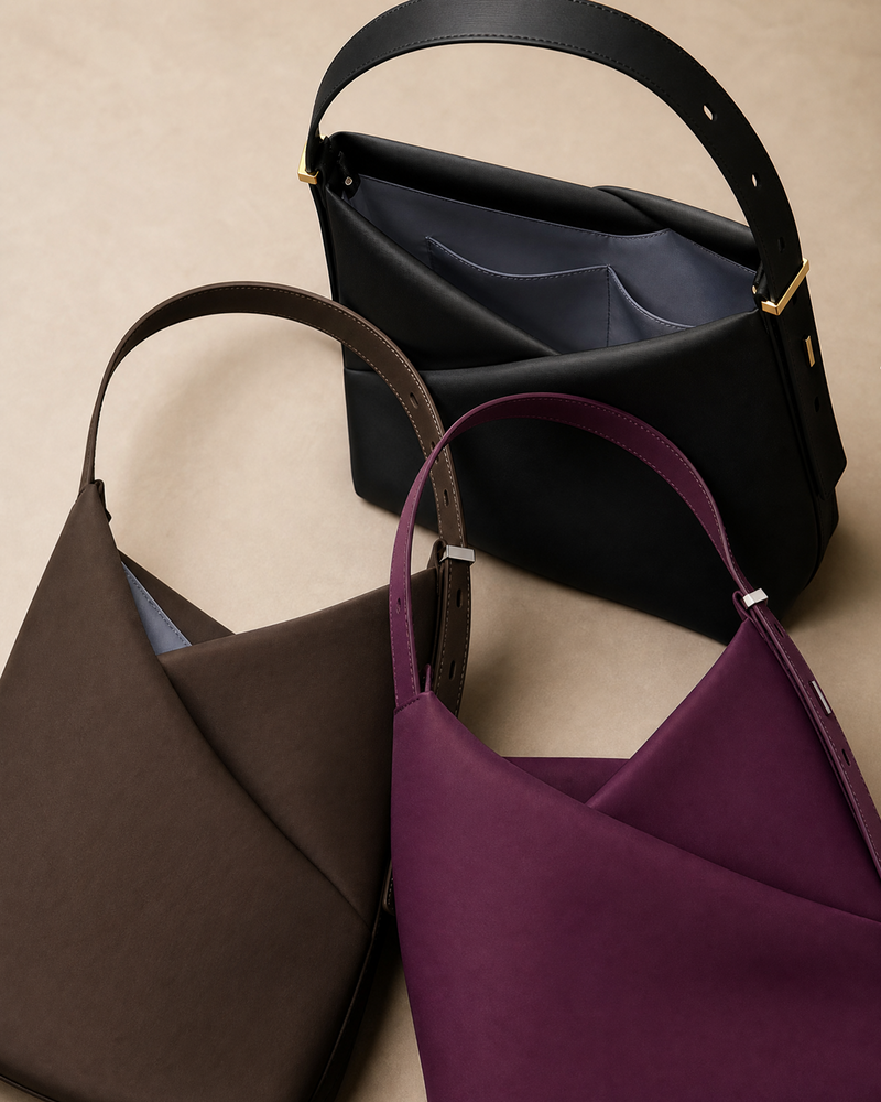 Three minimalist shoulder handbags arranged on a warm beige surface: one black, one brown, and one deep purple, all with structured shapes, top handles, and small gold-tone hardware.