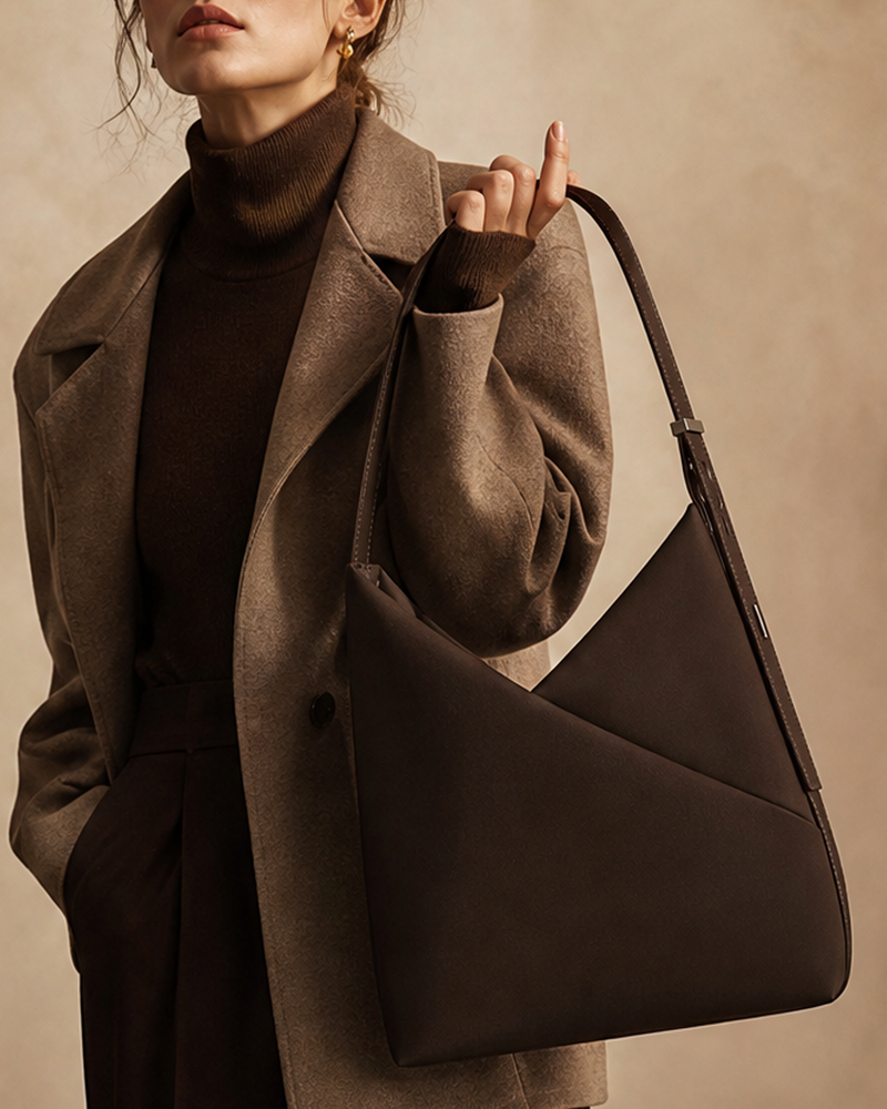 A woman wearing a brown turtleneck sweater and a taupe coat carries a large dark brown hobo shoulder bag against a warm beige studio background.