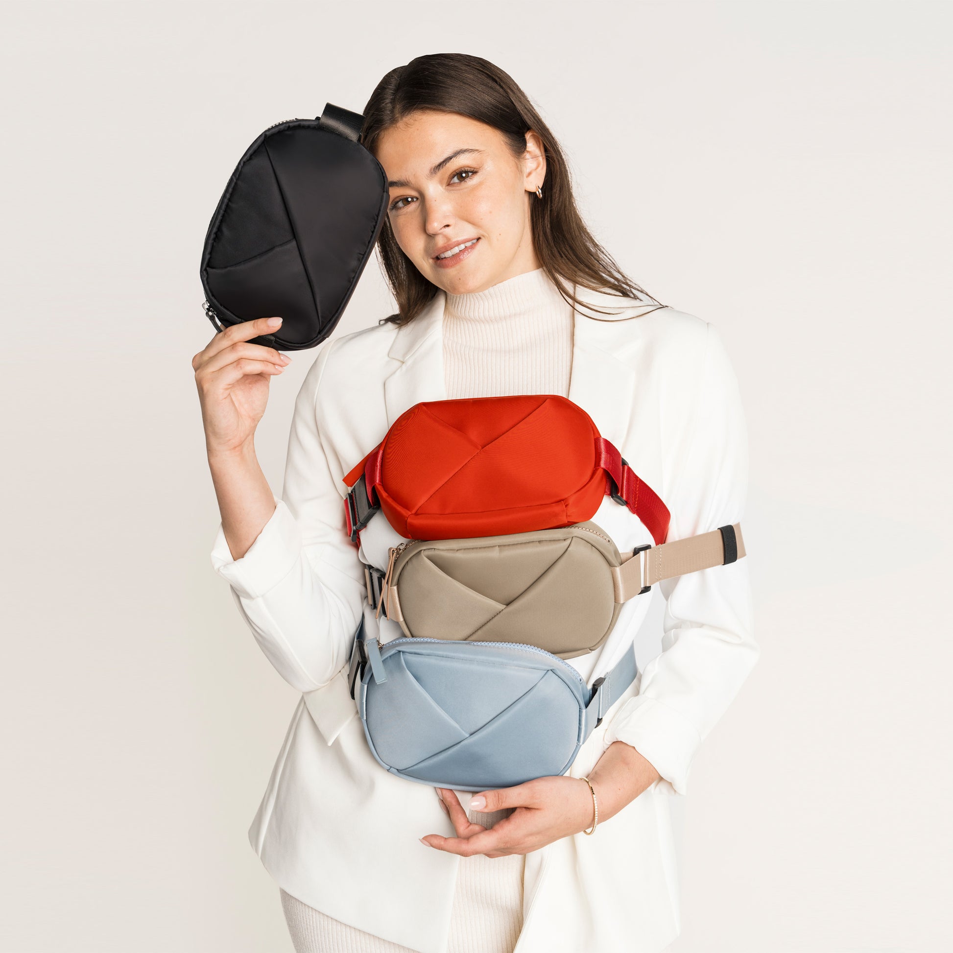 Lux & Nyx Origami Belt Bag and Sling Bag - Black  Cardinal Red
 Champagne Taupe
 Cashmere Blue
- Magnetic Belt Buckle Detail