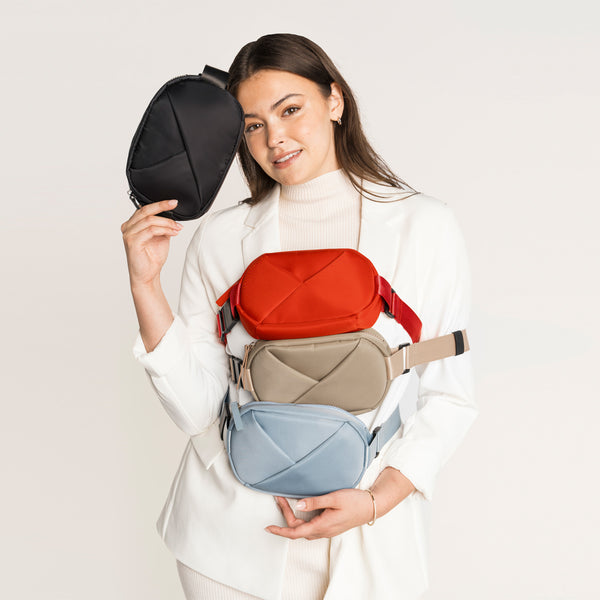 Lux & Nyx Origami Belt Bag and Sling Bag - Black  Cardinal Red
 Champagne Taupe
 Cashmere Blue
- Magnetic Belt Buckle Detail