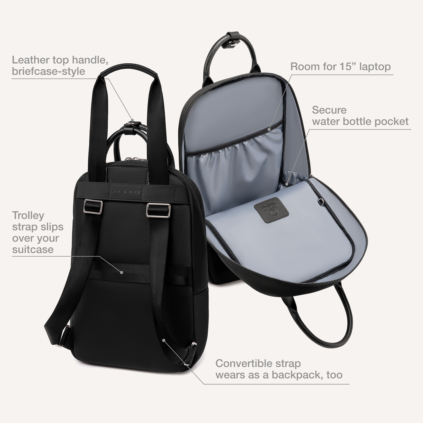 Black backpack with convertible strap and water bottle pocket on a white background