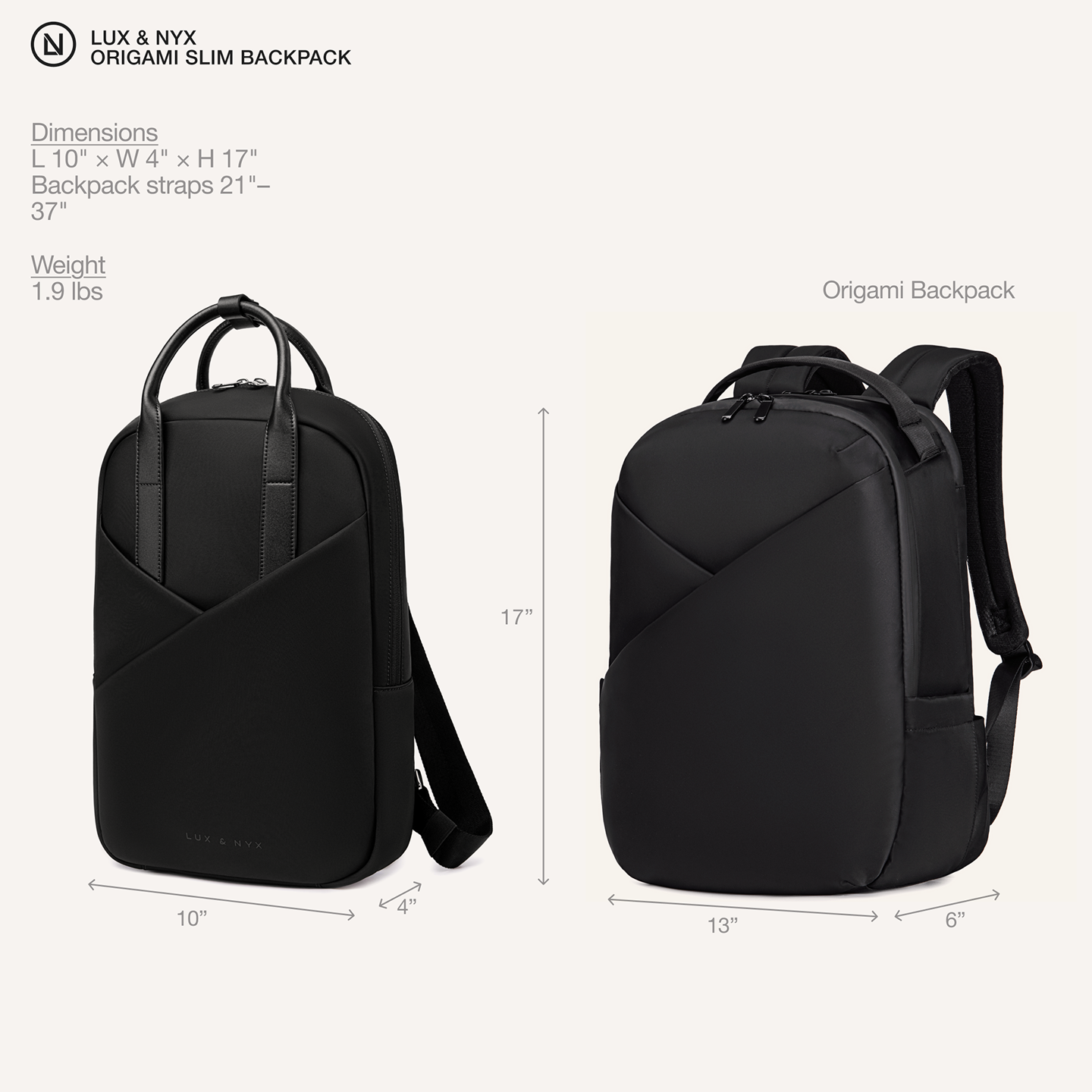 Black backpack with dimensions and features on a white background