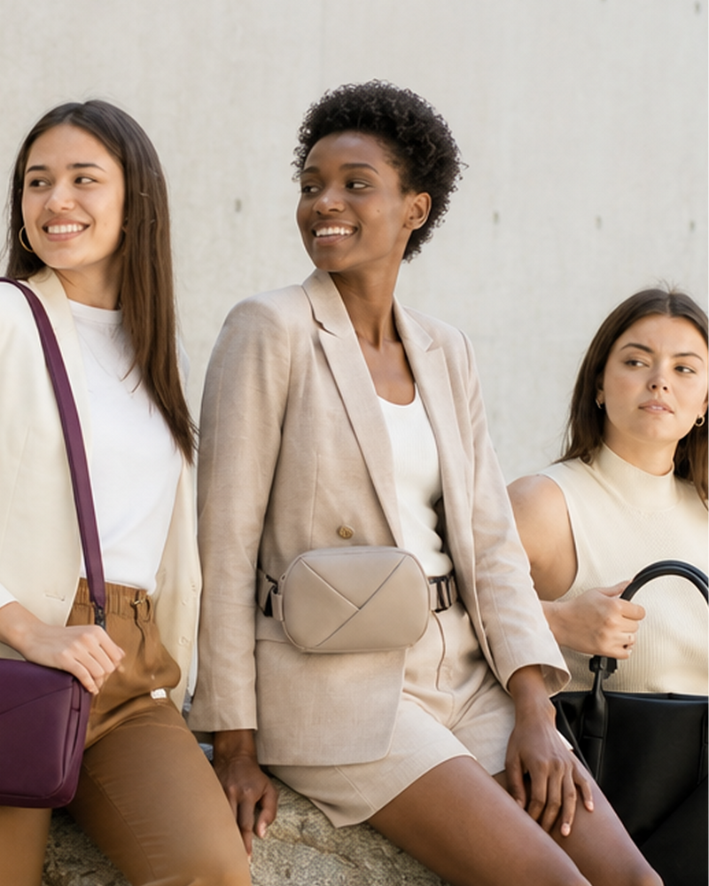 Three women sitting together, each holding a handbag, against a light-colored wall.