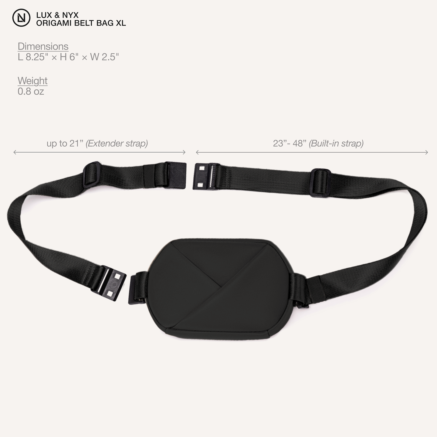 Black belt bag with dimensions and extender strap information on a white background