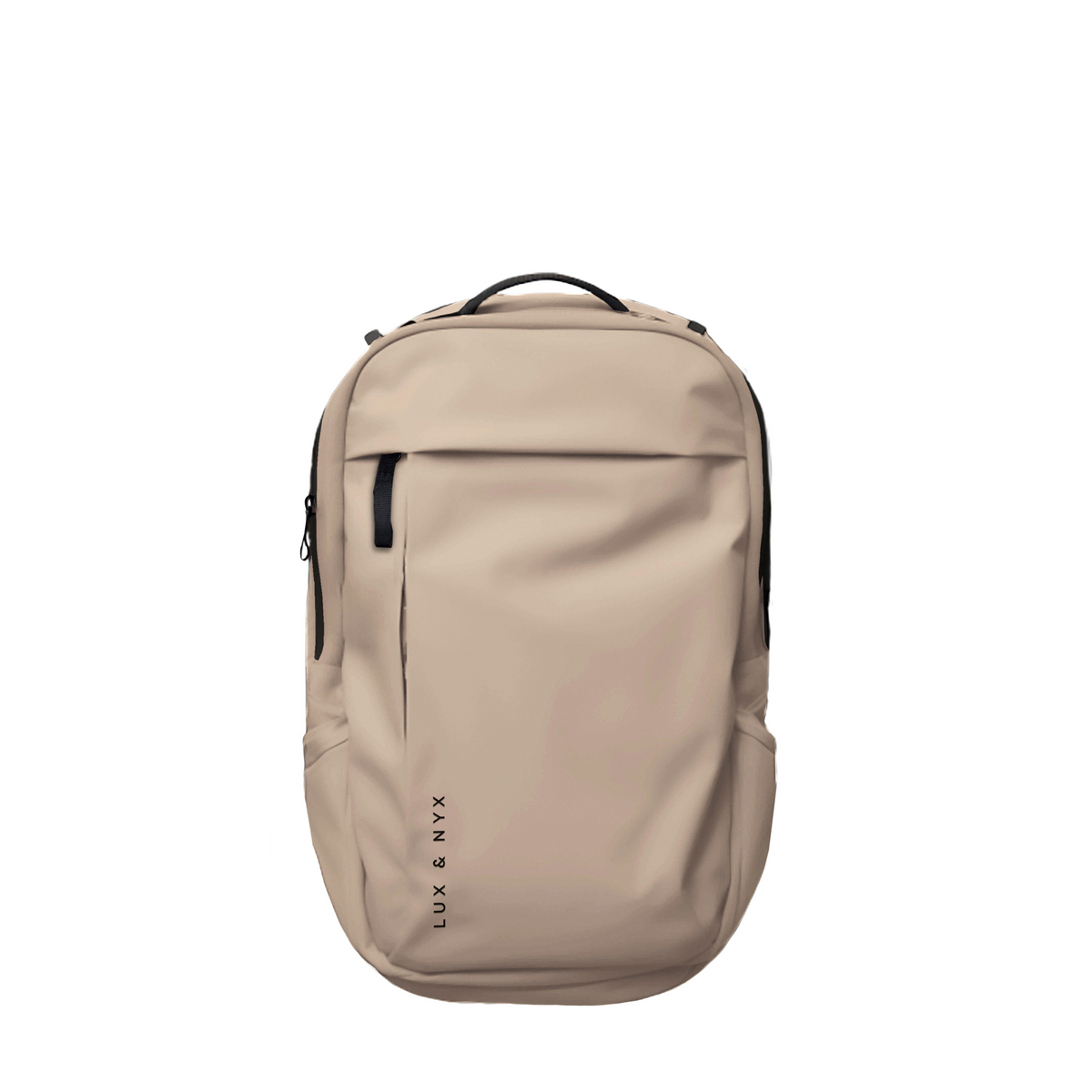 Beige Lux & Nyx Purpose Backpack, front view, with top grab handle, vertical front zip pocket, and side slip pockets