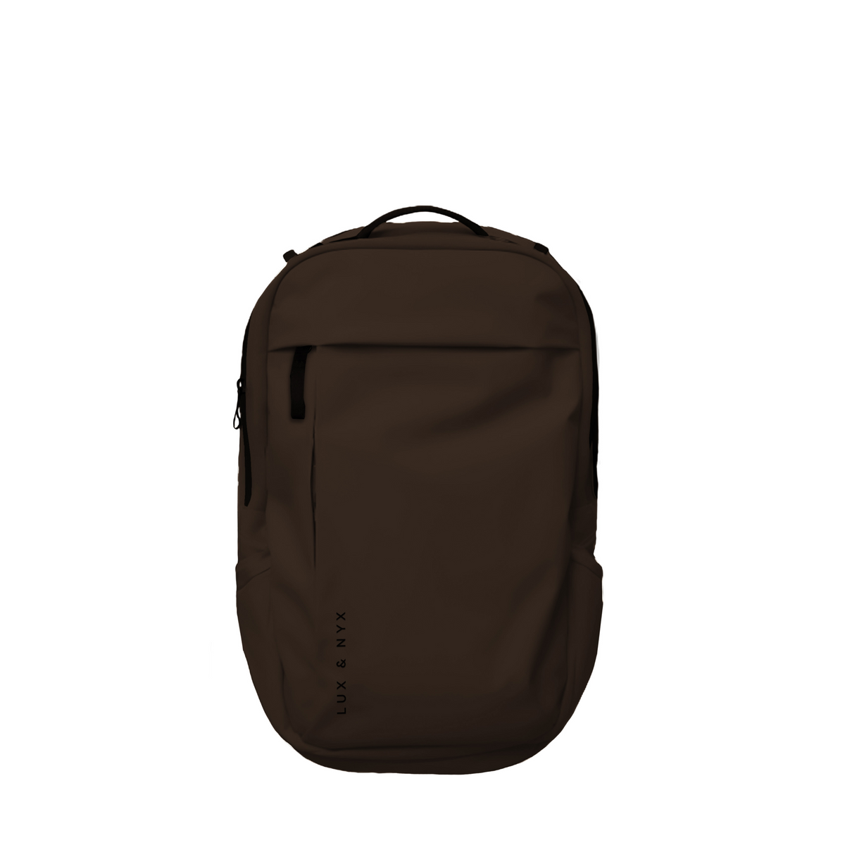 Brown Lux & Nyx Purpose Backpack, front view, with top grab handle, vertical front zip pocket, and side slip pockets
