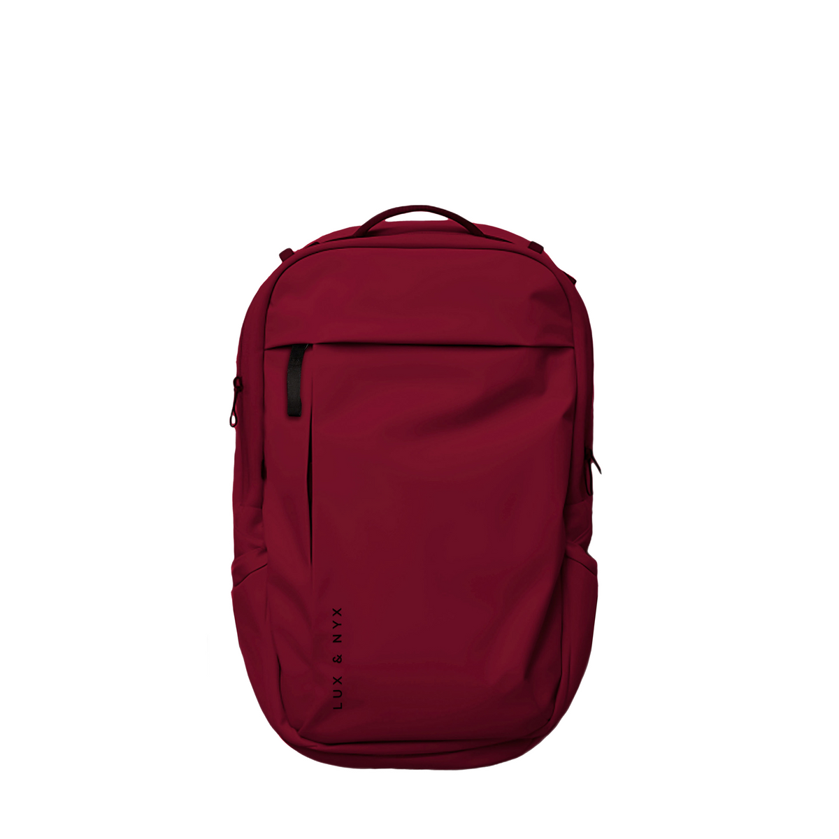 Crimson Lux & Nyx Purpose Backpack, front view, with top grab handle, vertical front zip pocket, and side slip pockets