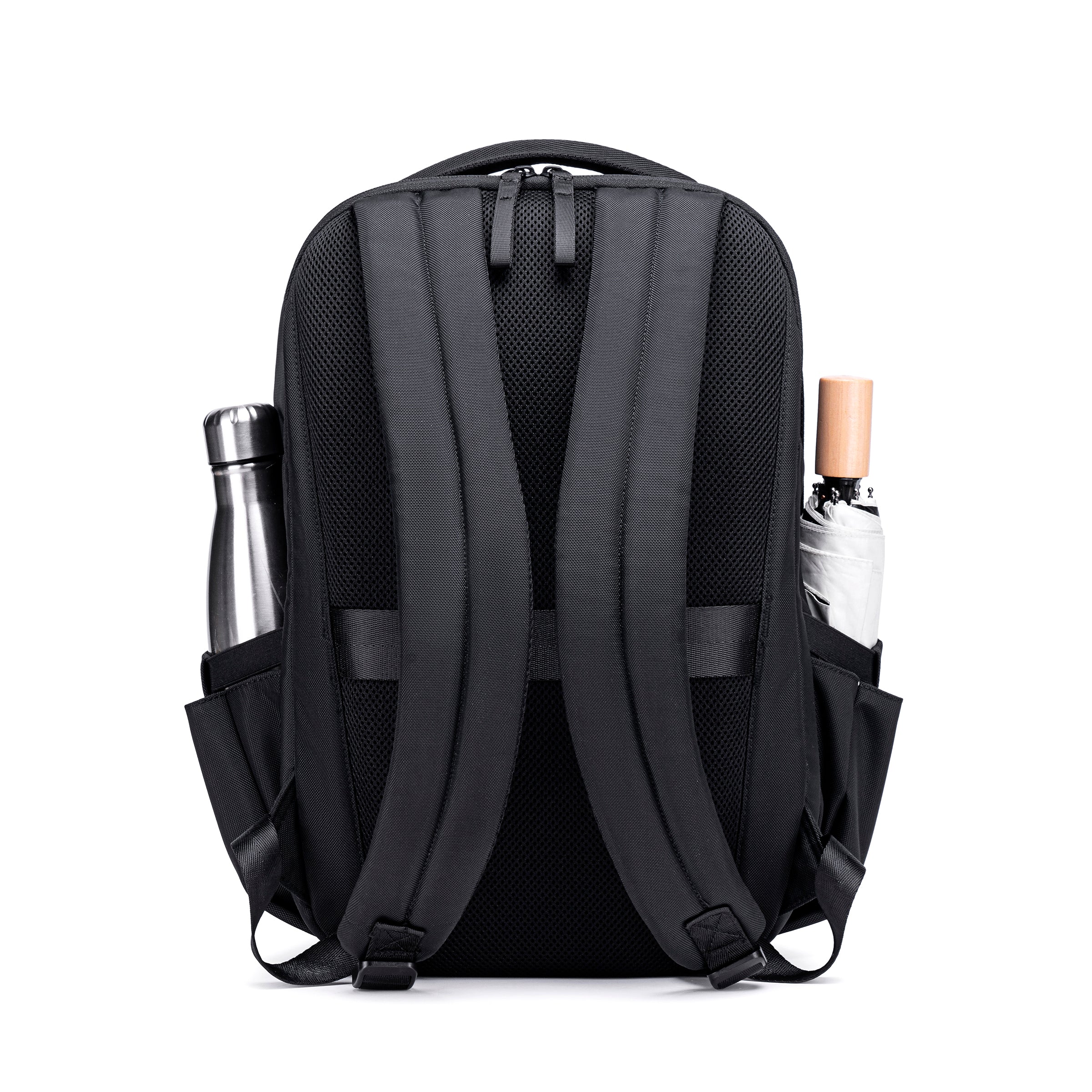 Lux & Nyx Purpose Backpack - 16" Laptop Backpack With Trolley Strap - Black - Backpack Back View, With A Water Bottle and An Umbrella Stored in The Water Bottle Pockets