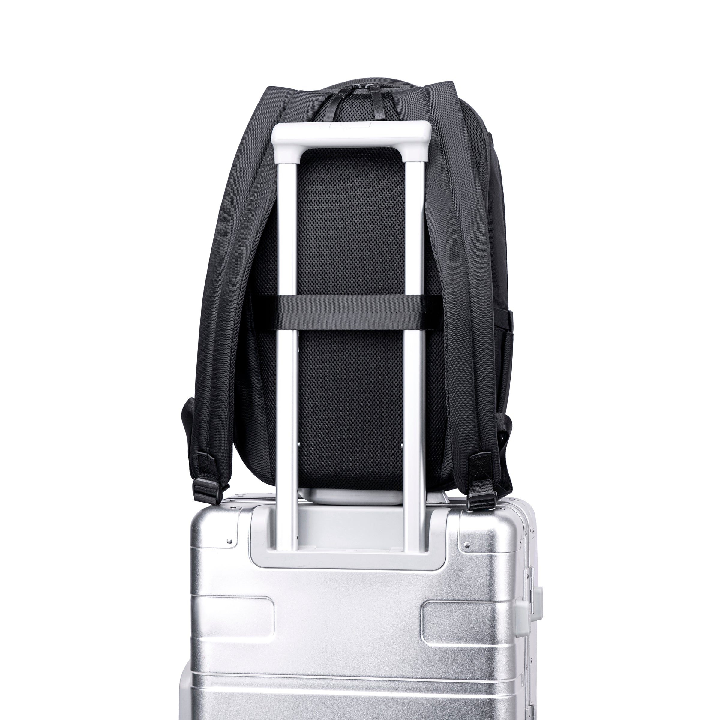 Lux & Nyx Purpose Backpack - 16" Laptop Backpack With Trolley Strap - Black - Backpack Slipped Onto Luggage Trolley