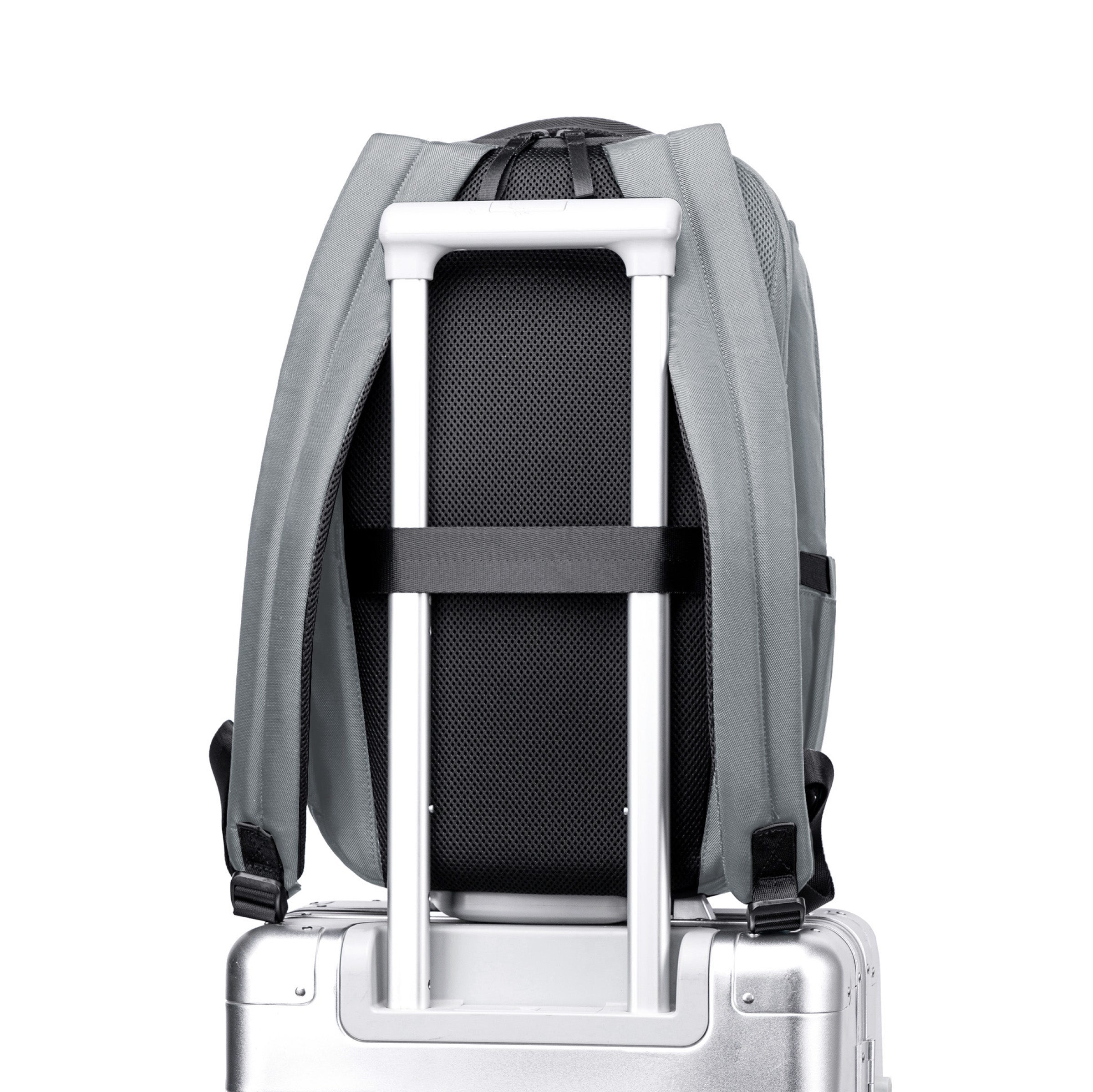 Lux & Nyx Purpose Backpack - 16" Laptop Backpack With Trolley Strap - Gray - Backpack Slipped Onto Luggage Trolley