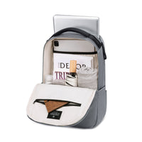 Lux & Nyx Purpose Backpack - 16" Laptop Backpack With Trolley Strap - Gray - Backpack Quarter View of Internal Compartments With Backpack Contents