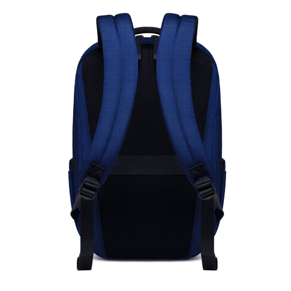 Back view of Navy Blue backpack with a strap.