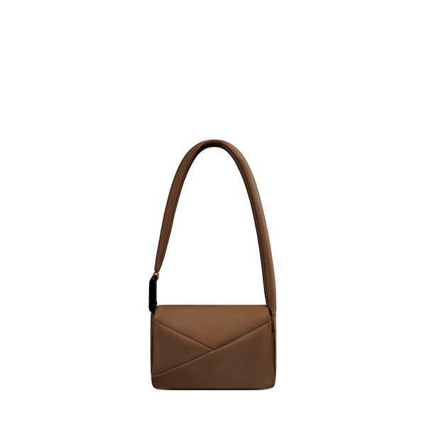 Lux & Nyx Origami Flap Bag in Sepia, crossbody bag presented in its alternate wear as a mini shoulder bag.