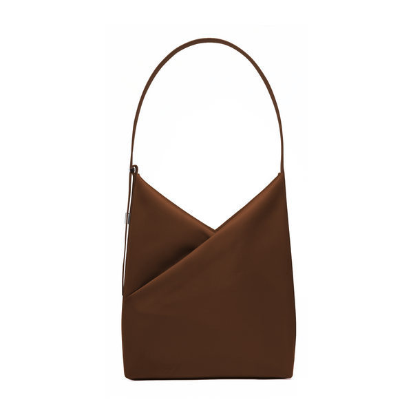 Lux & Nyx Origami Hobo Bag in sepia, front view, showing the signature geometric origami fold and single curved shoulder handle.