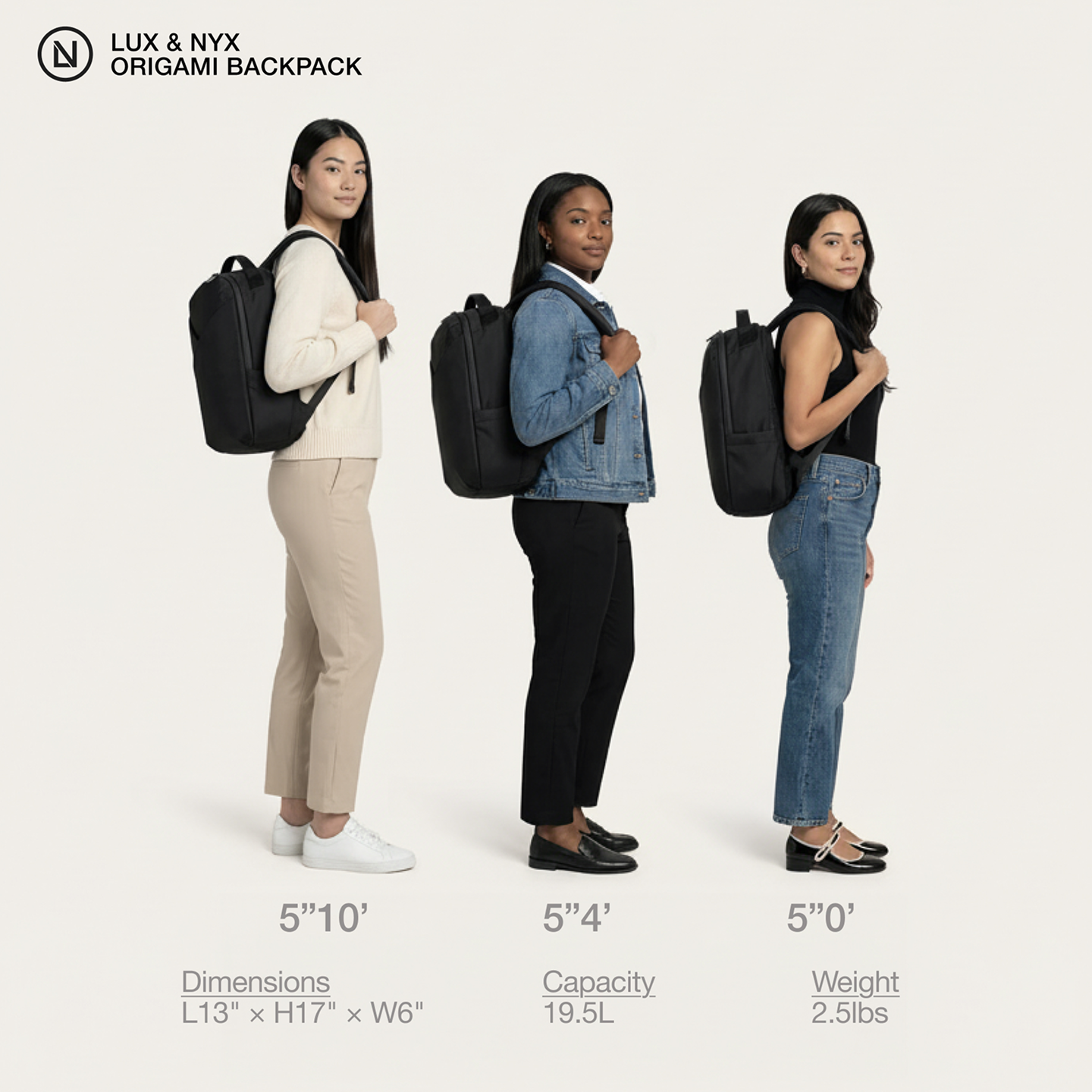 Three women wearing Lux & Nyx Origami Backpacks with product details on a white background