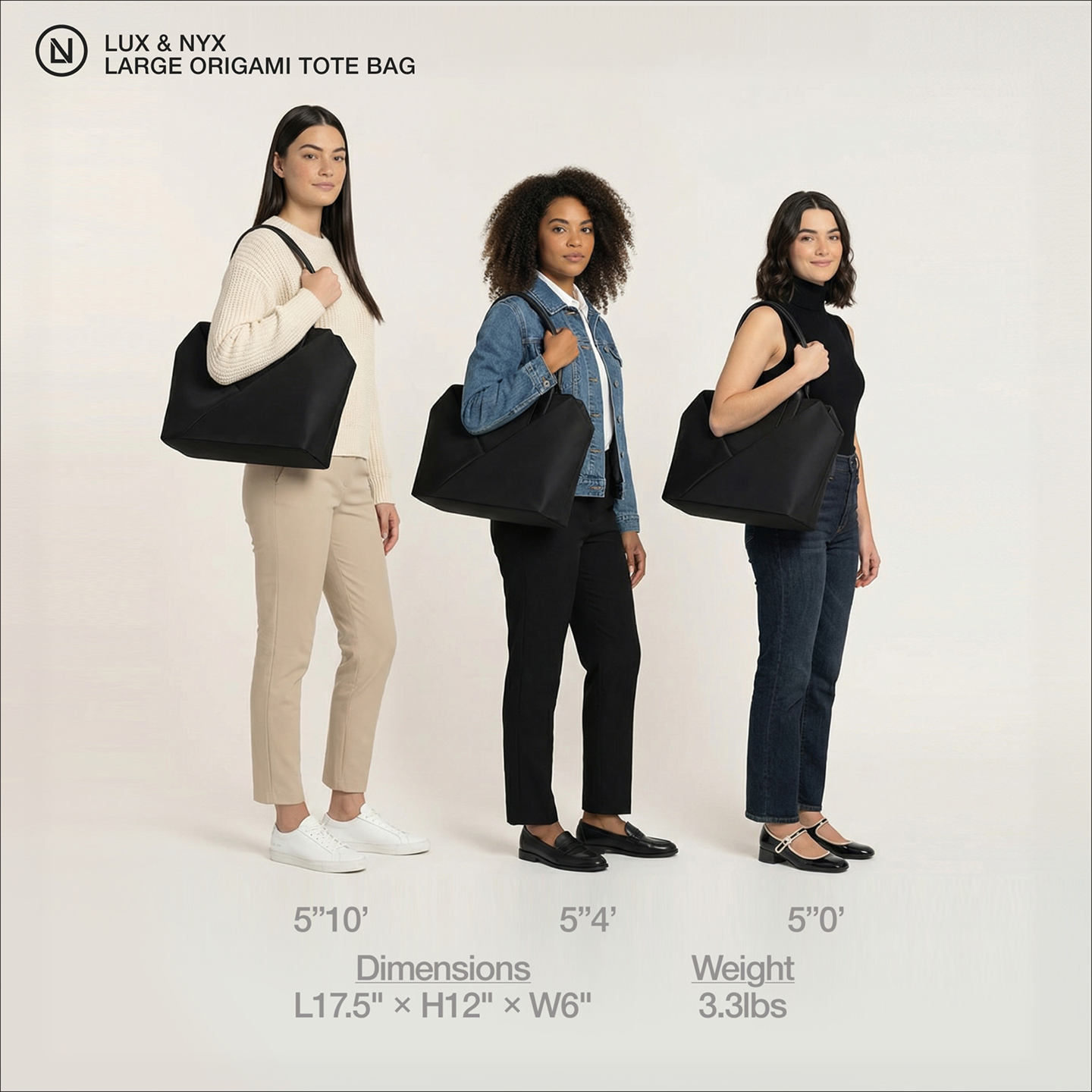 Three women holding black tote bags with product details on a plain background