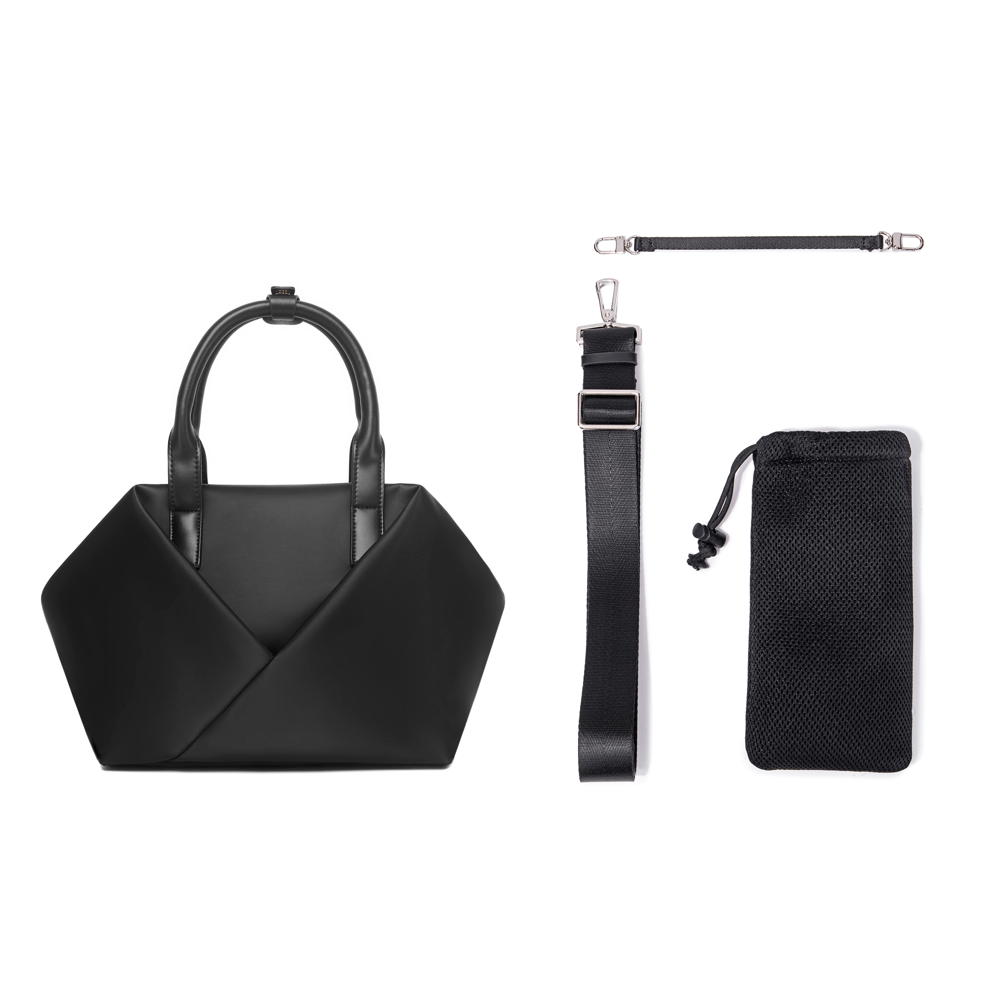 A Black + Gold Hardware handbag with top handles shown alongside detachable straps and a drawstring pouch accessory.