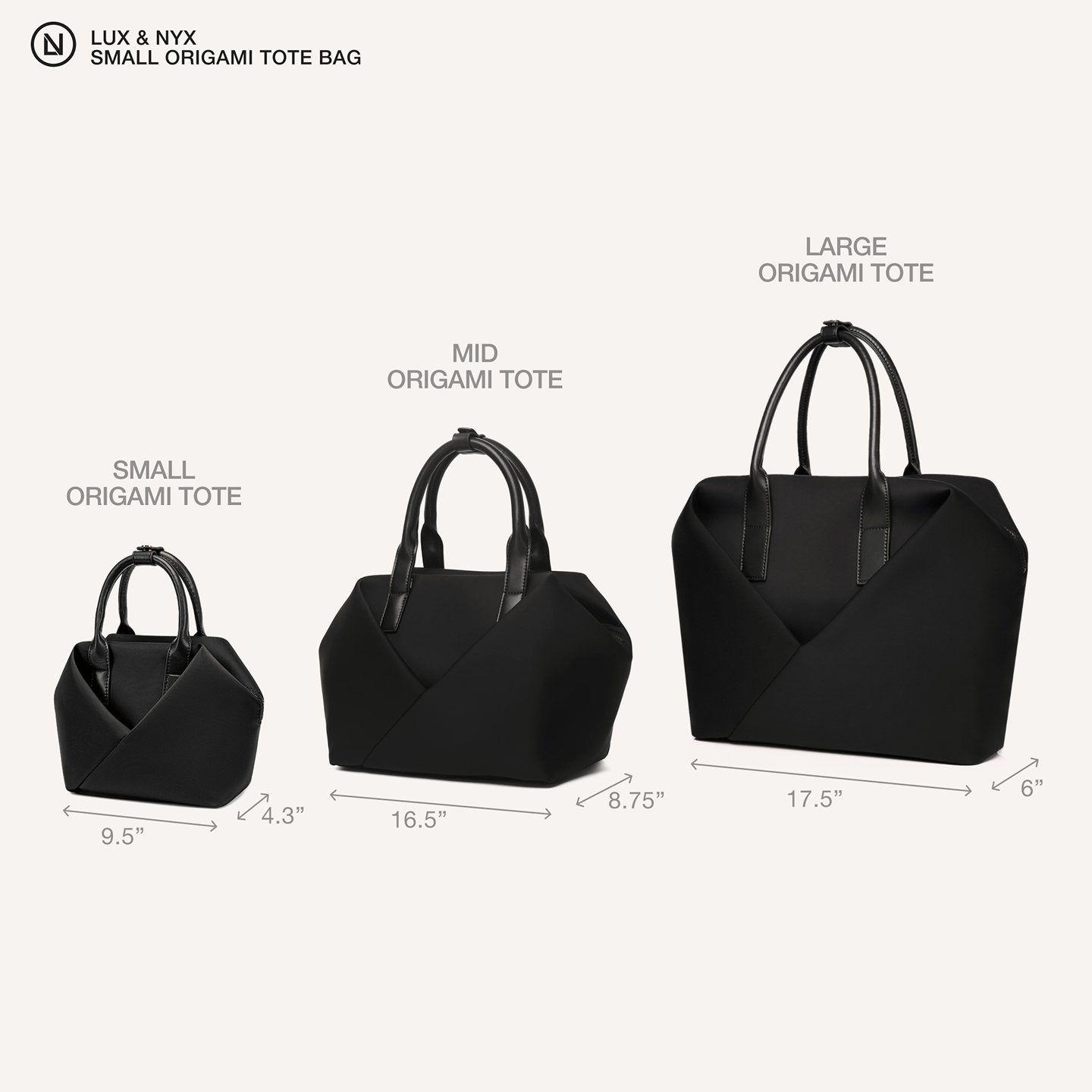 Three black origami tote bags with measurements on a white background