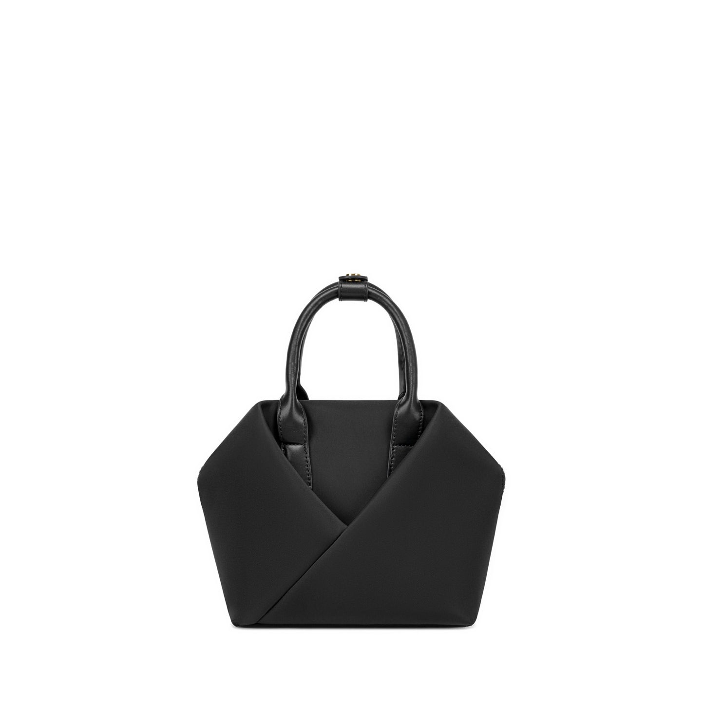 black-with-gold-hardware handbag with a unique design.