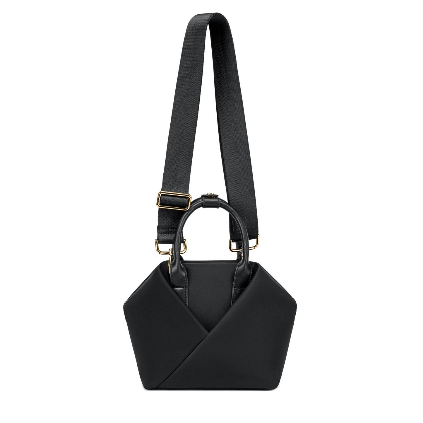 black-with-gold-hardware origami-style leather handbag with side strips.