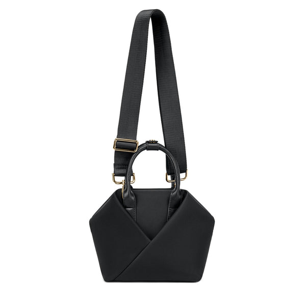 black-with-gold-hardware origami-style leather handbag with side strips.
