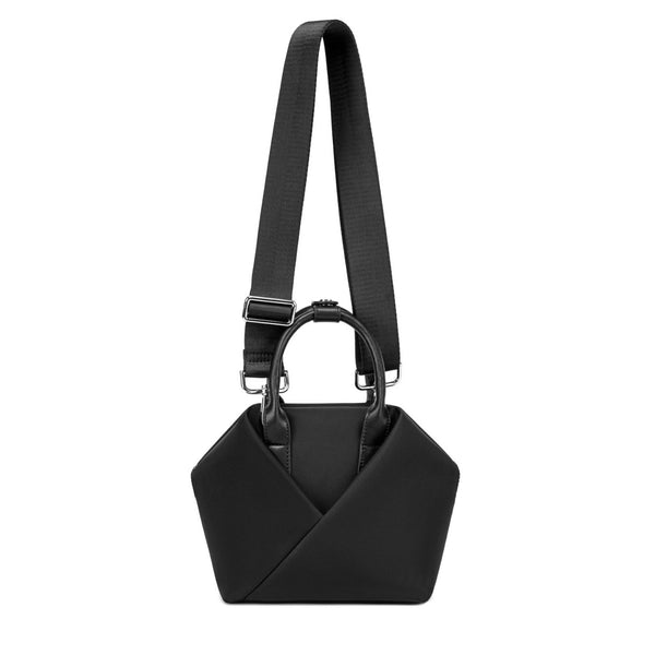 black-with-silver-hardware origami-style leather handbag with side strips.