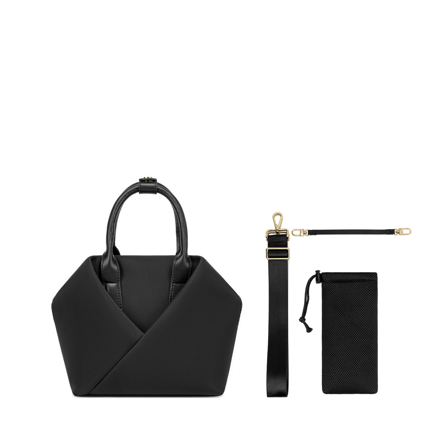 black-with-gold-hardware SMALL ORIGAMI ORIGINAL handbag with structured top handles, detachable adjustable shoulder straps with gold-tone hardware, and mesh drawstring pouch.