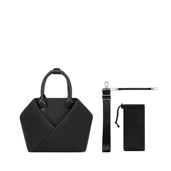 black-with-silver-hardware SMALL ORIGAMI ORIGINAL handbag with structured top handles, detachable adjustable shoulder straps with gold-tone hardware, and mesh drawstring pouch.