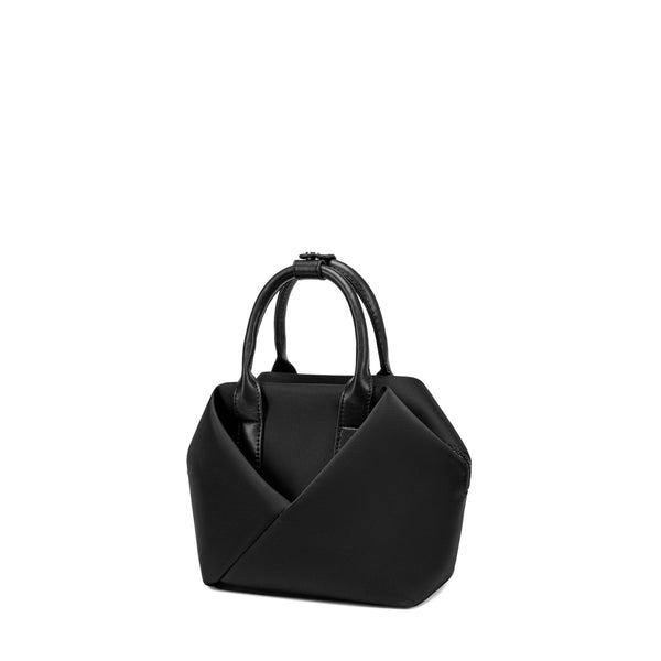 black-with-silver-hardware handbag with a unique design.