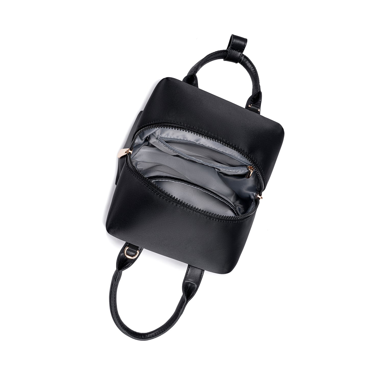 black-with-gold-hardware origami-style leather handbag top view image.