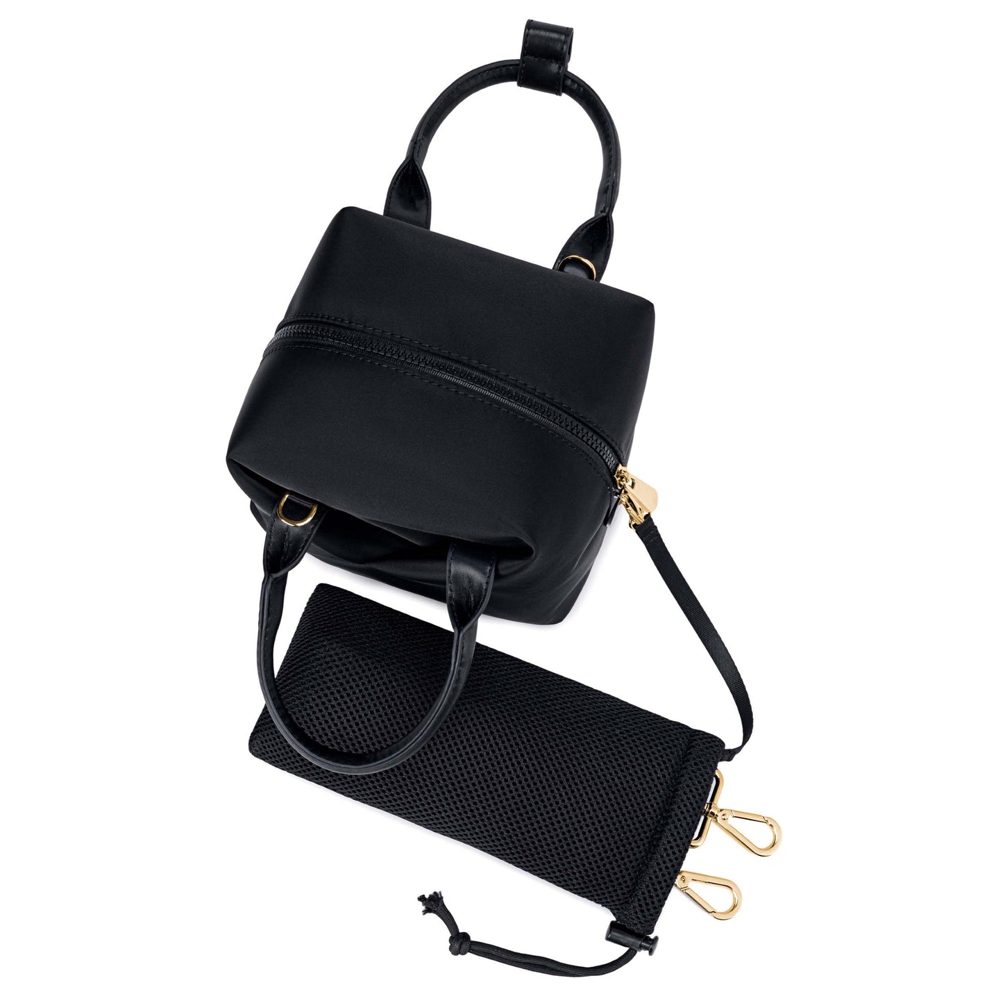 black-with-gold-hardware origami-style leather handbag &  displayed bottom a small black mesh drawstring pouch.