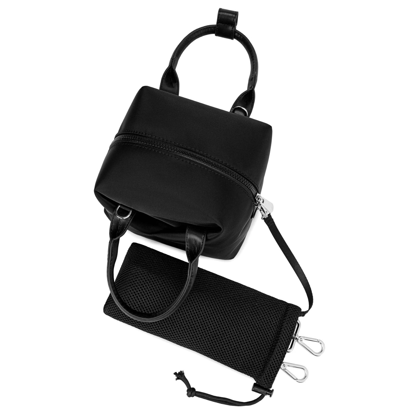 black-with-silver-hardware origami-style leather handbag &  displayed bottom a small black mesh drawstring pouch.