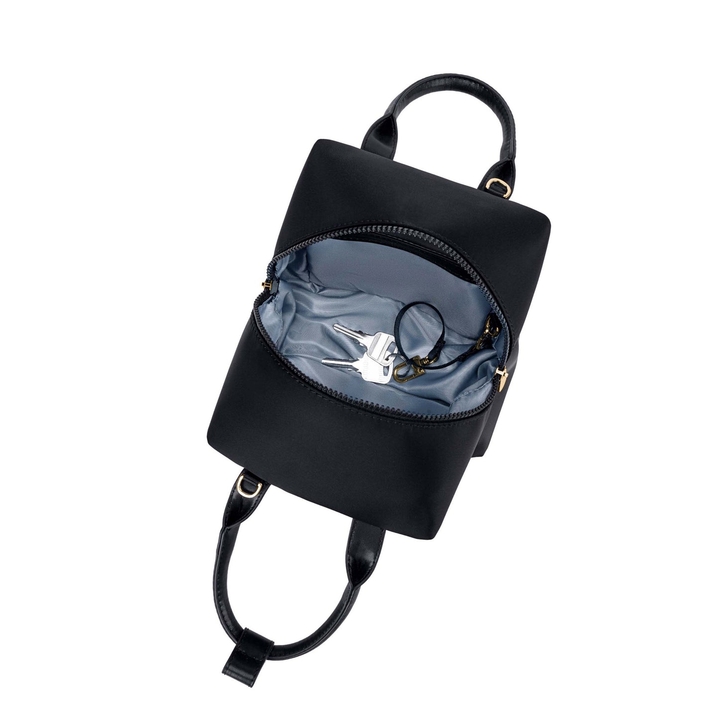 black-with-gold-hardware origami-style leather handbag top view image with inside keys