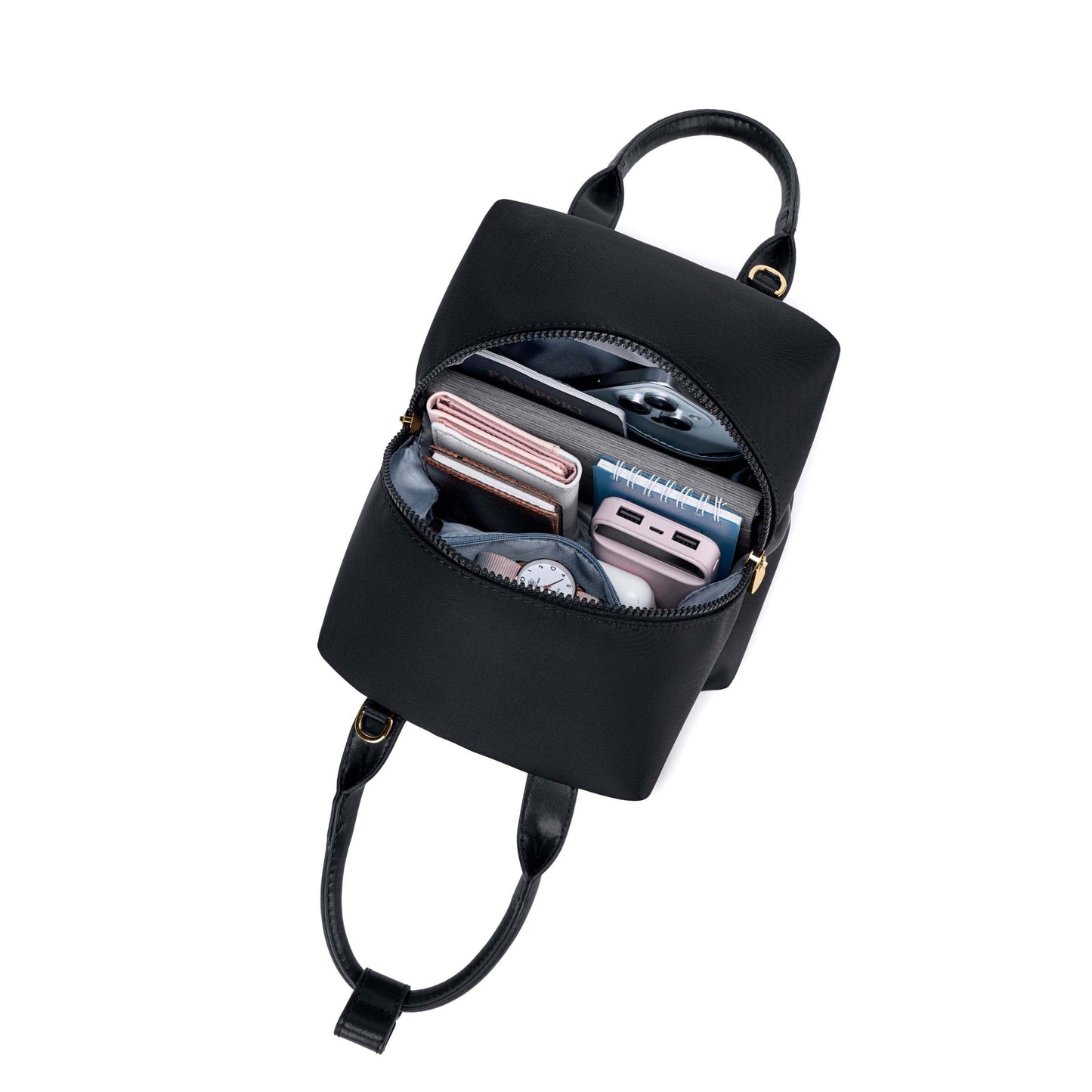 black-with-gold-hardware origami-style leather handbag top view image with inside some materials.