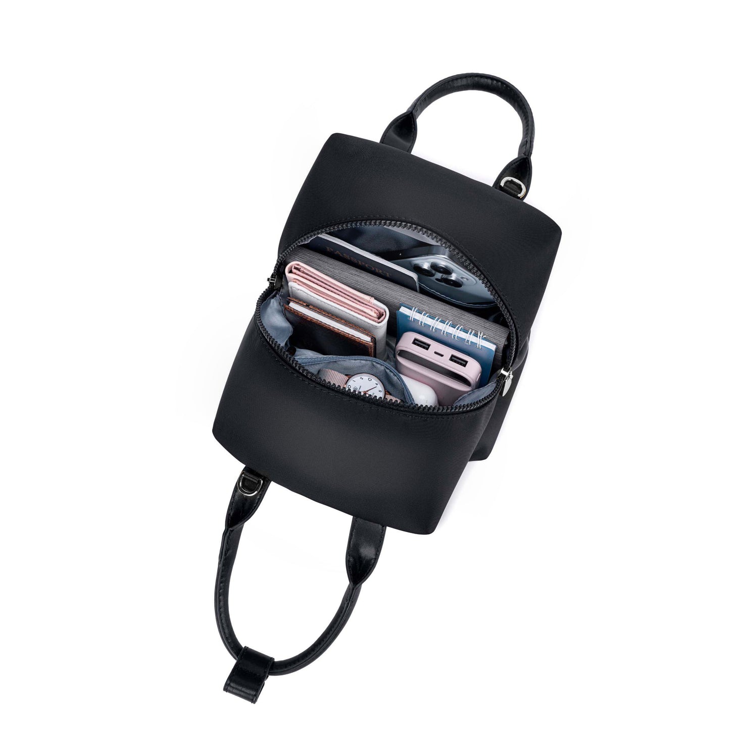 black-with-silver-hardware origami-style leather handbag top view image with inside some materials.