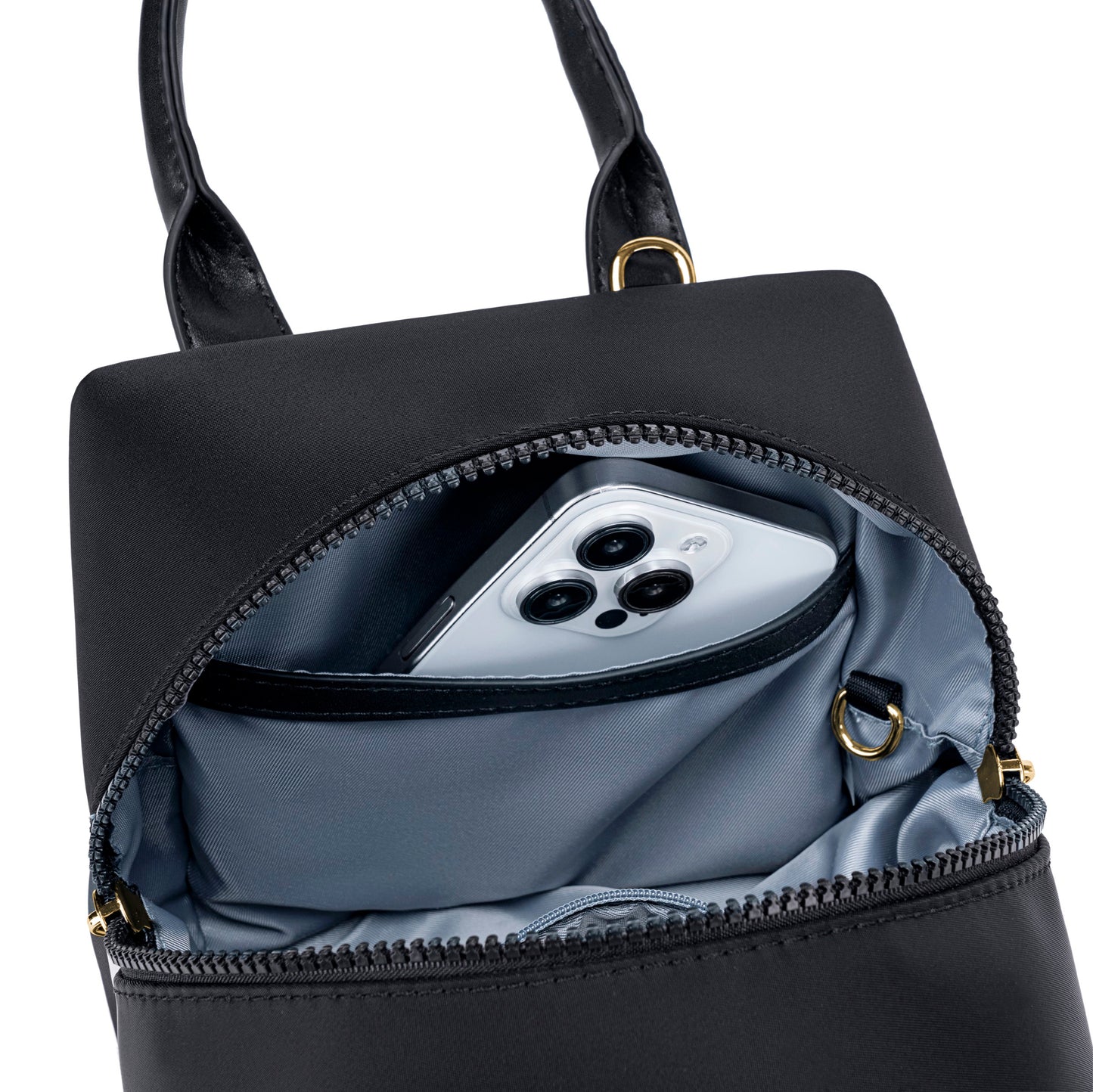 black-with-gold-hardware origami-style leather handbag top view image with inside smartphone on side pocket.