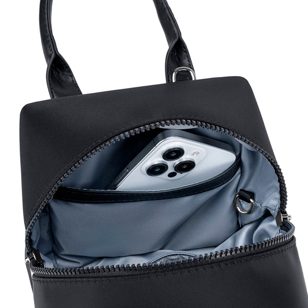 black-with-silver-hardware origami-style leather handbag top view image with inside smartphone on side pocket.