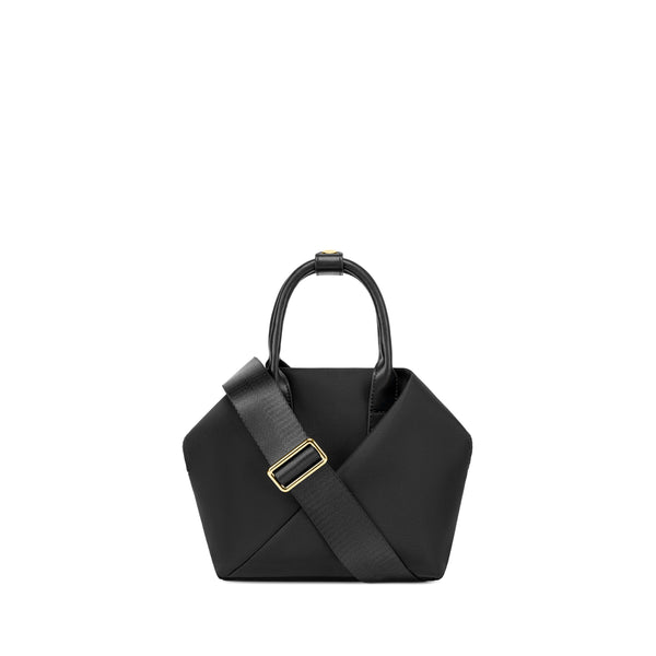 black-with-gold-hardware origami-style leather handbag with structured top handles.