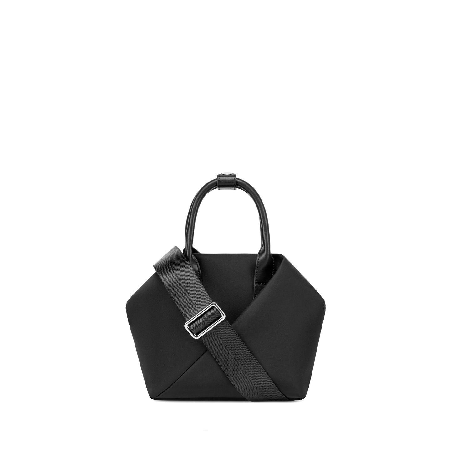 black-with-silver-hardware origami-style leather handbag with structured top handles.