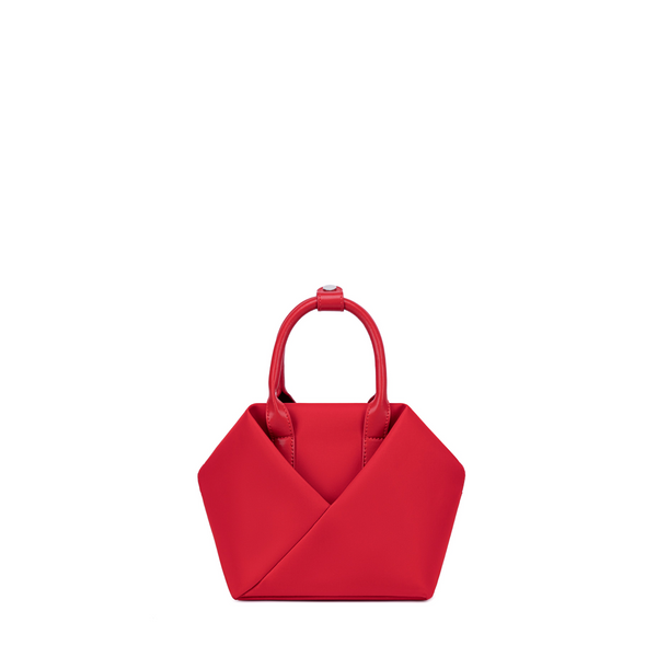 Lux & Nyx Small tote in Cardinal, front view, showing the folded origami pocket and top handles.