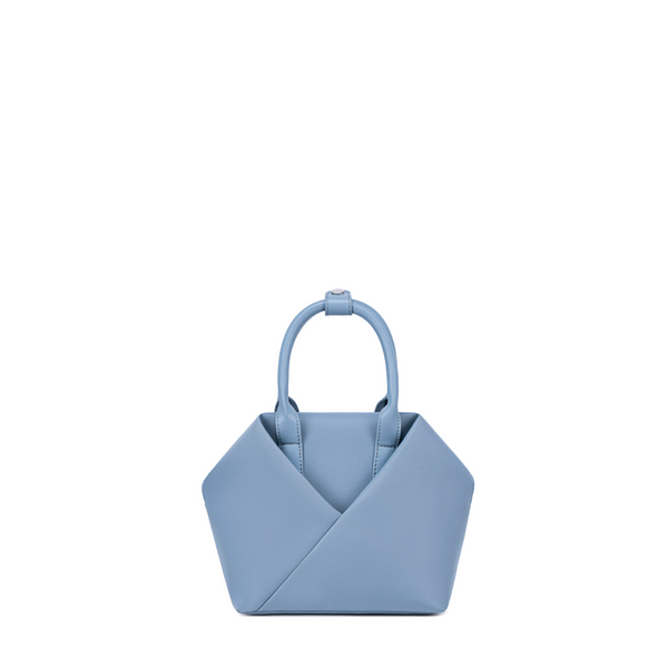 Lux & Nyx Small tote in Cashmere Blue, front view, showing the folded origami pocket and top handles.