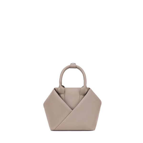 Lux & Nyx Small tote in Champagne, front view, showing the folded origami pocket and top handles.