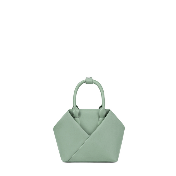 Lux & Nyx Small tote in Sage green, front view, showing the folded origami pocket and top handles.