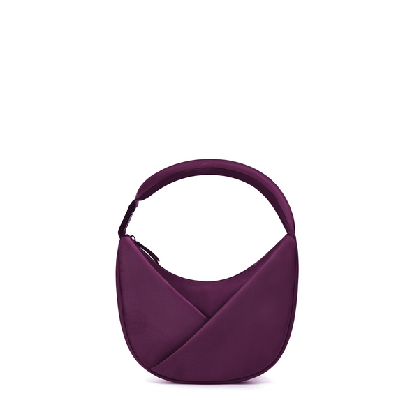 Lux & Nyx Origami Crescent bag in Wine. Moon shaped bag that features an origami front pocket in its alternate use as a shoulder bag.