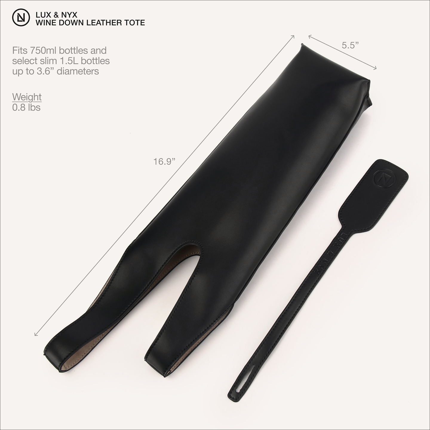 Black leather wine bottle holder with dimensions and weight information on a white background