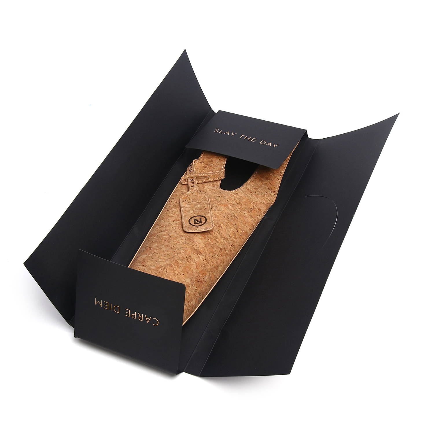 Cork phone case in a black box with 'Carpe Diem' branding on a white background