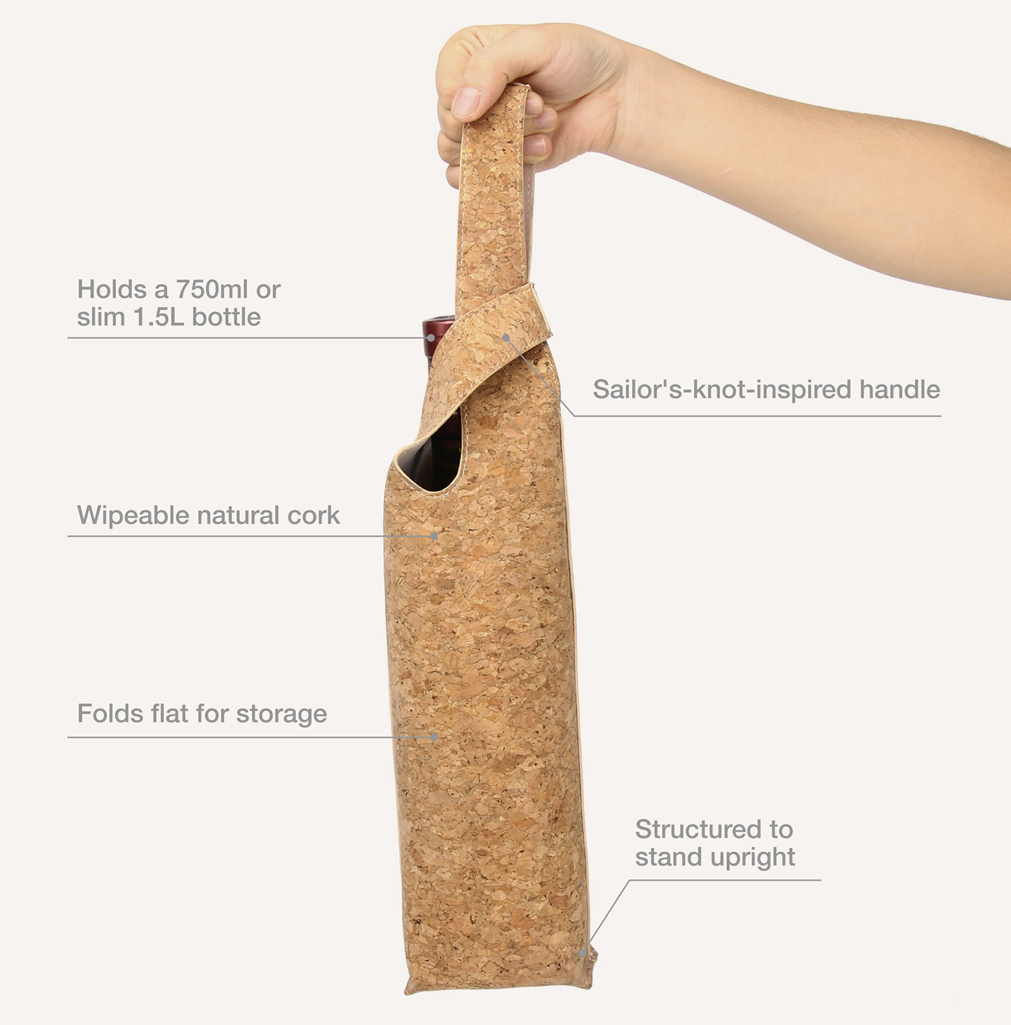 Cork bottle holder with features highlighted on a white background